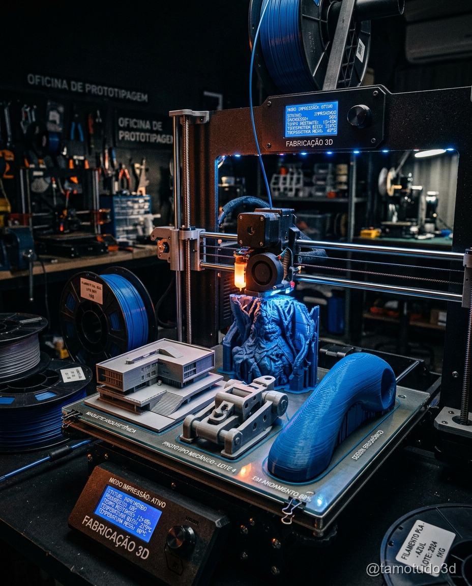 Duas impressoras 3D funcionando ao mesmo tempo produzindo peças diferentes