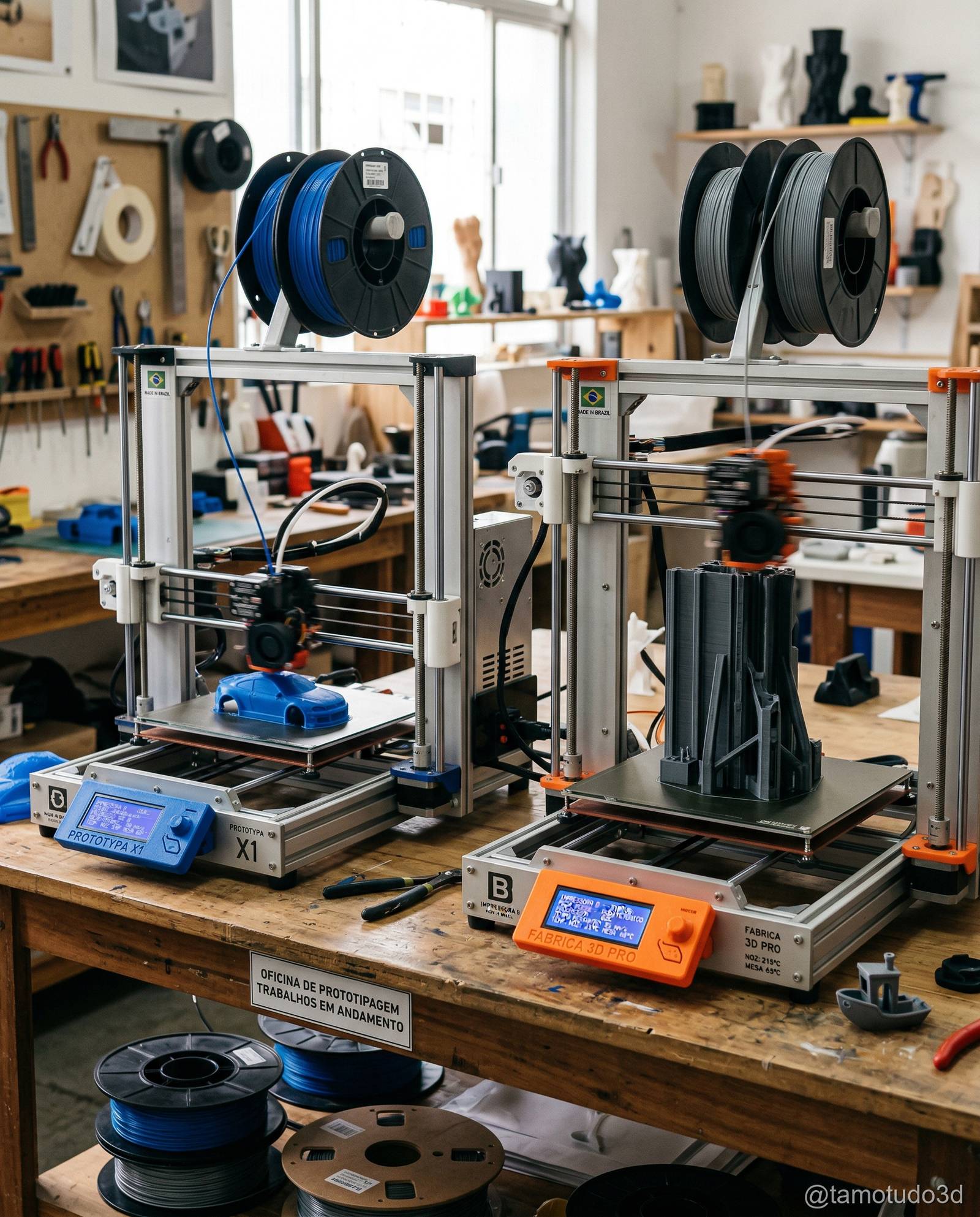 Bobina de filamento PLA sendo utilizada em impressora 3D durante impressão
