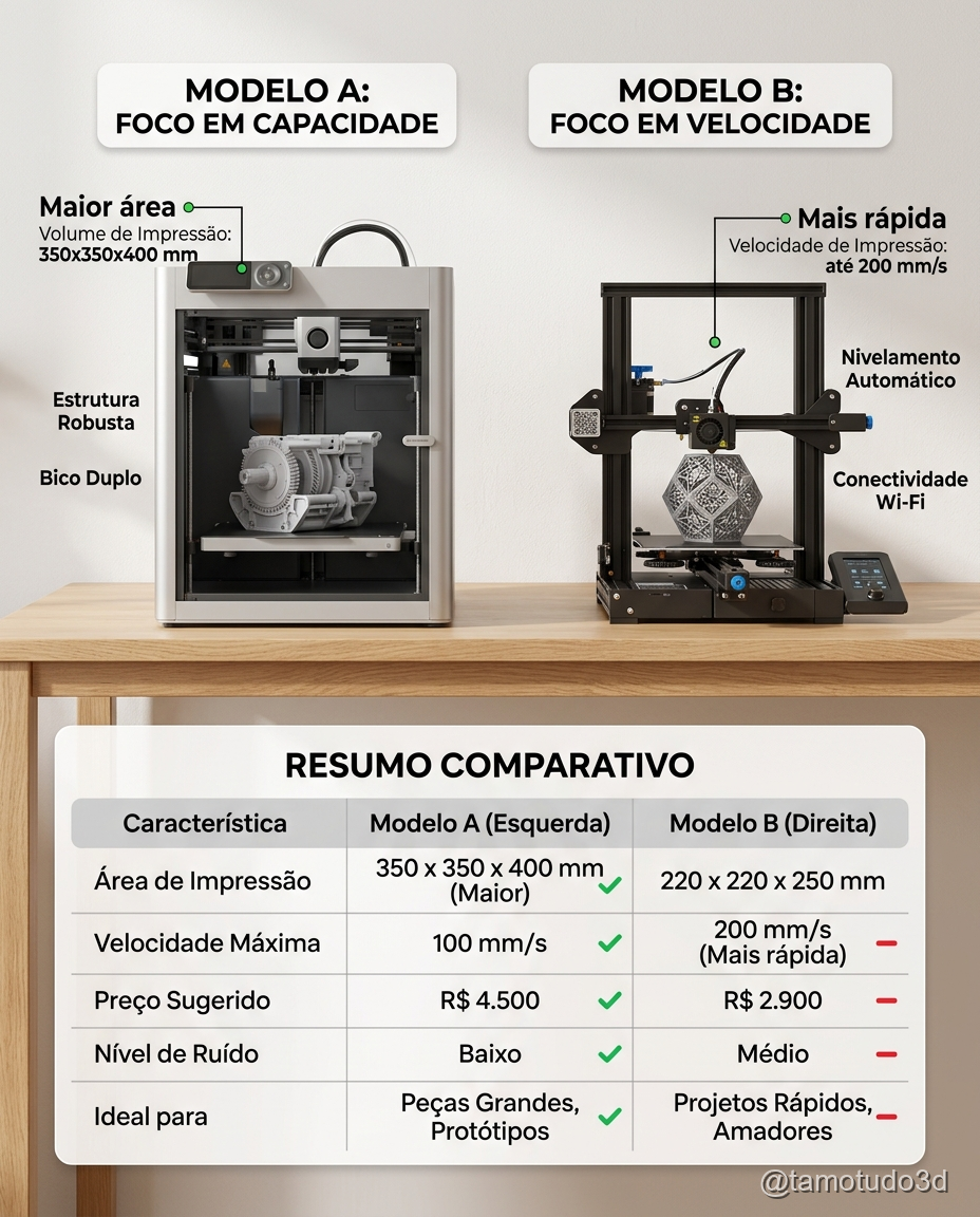 Duas impressoras 3D lado a lado representando escolha entre custo e desempenho