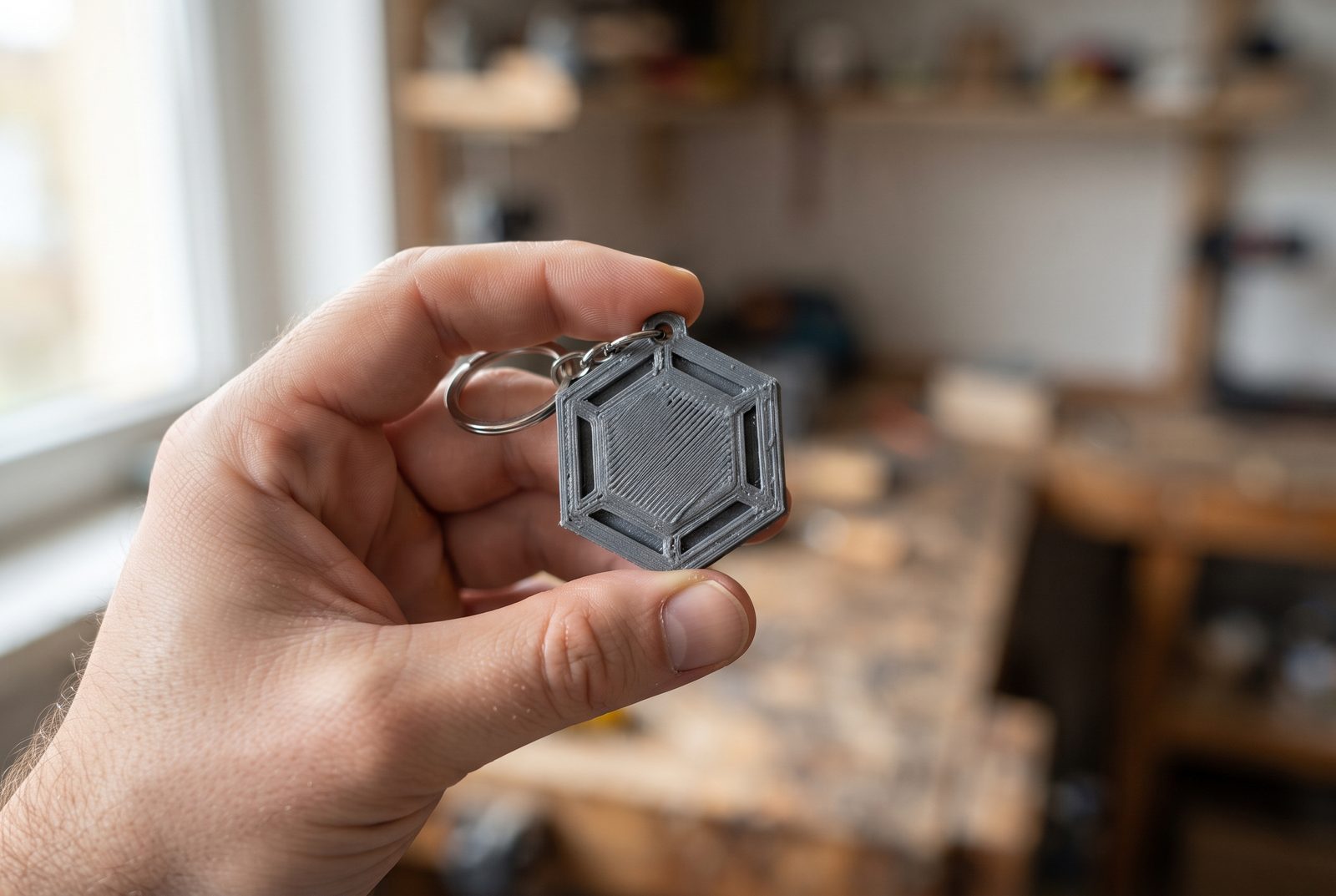 Mão segurando um chaveiro hexagonal impresso em 3D, com a oficina desfocada ao fundo