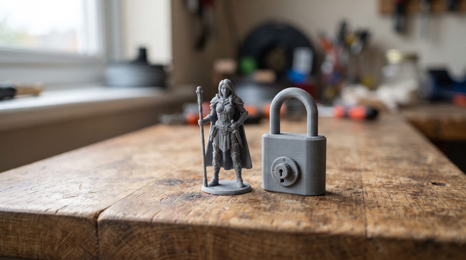 Boneco cinza impresso em 3D ao lado de um cadeado também impresso, os dois sobre a bancada de madeira