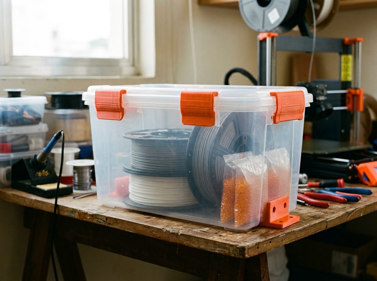 Caixa plástica transparente com travas laranja fechada, com dois rolos de filamento e dois sachês de sílica laranja dentro, na bancada da oficina com uma impressora 3D ao fundo