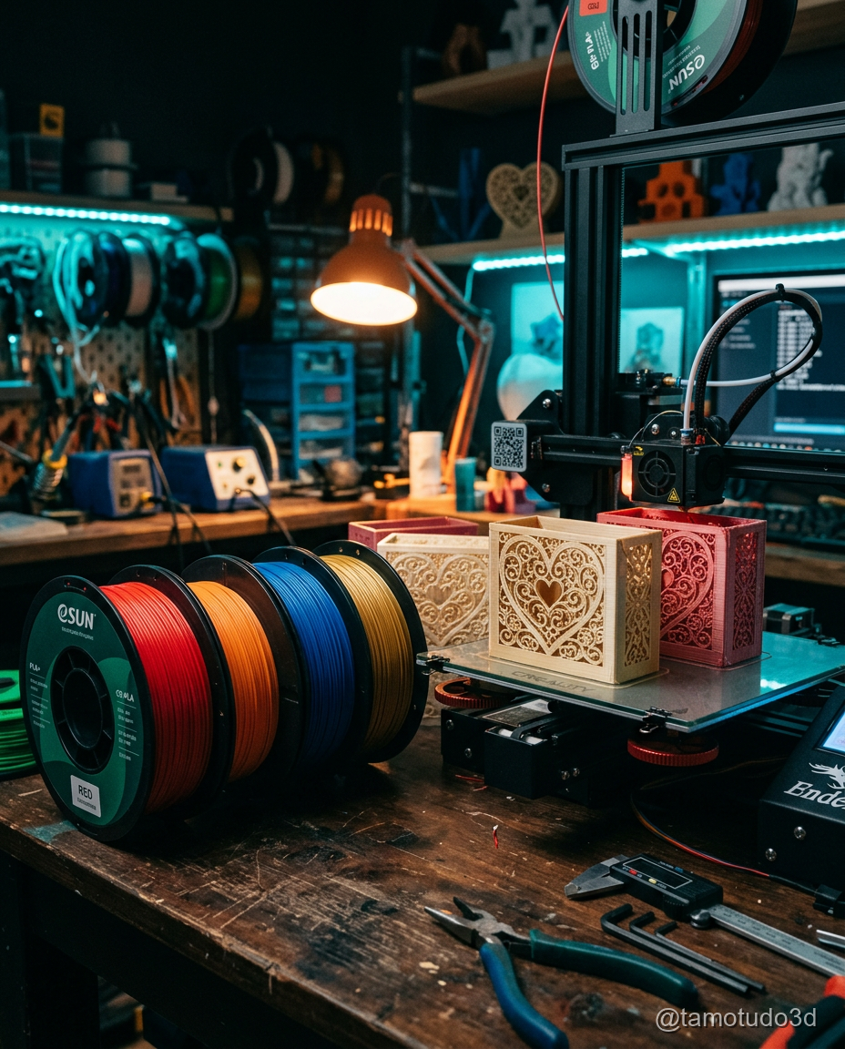 Bobina de PLA ao lado de caixinha personalizada impressa em 3D