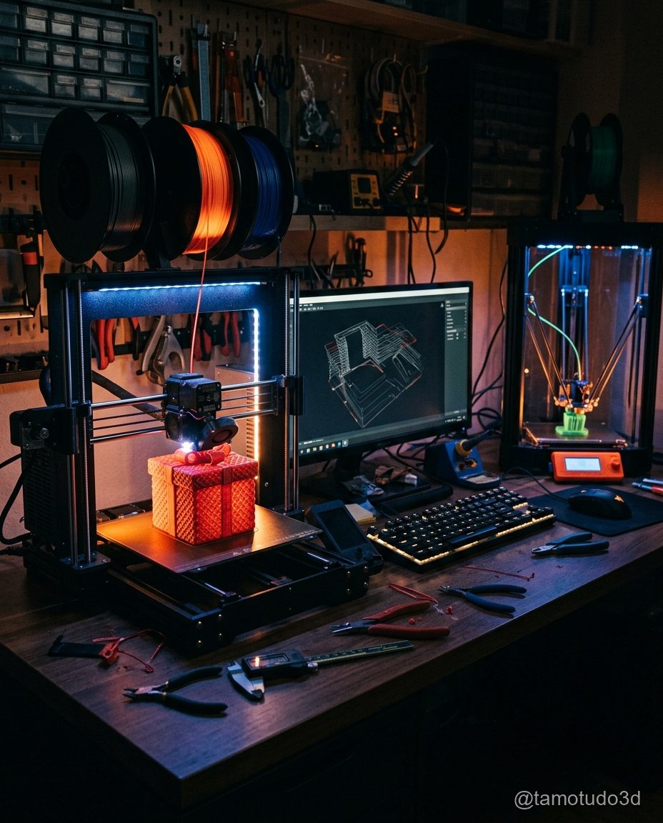 Impressora 3D funcionando durante impressão de caixinha personalizada