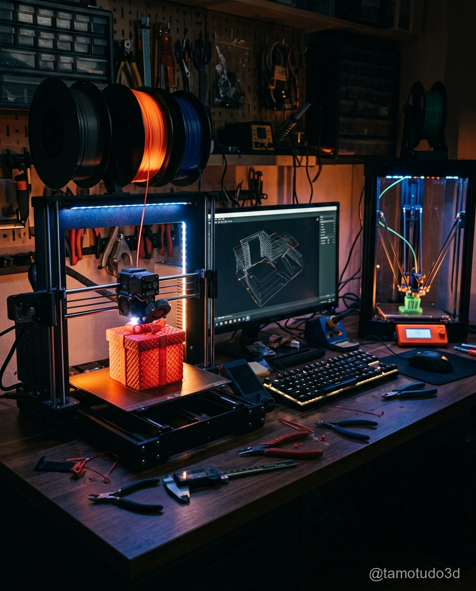 Impressora 3D funcionando durante impressão de caixinha personalizada