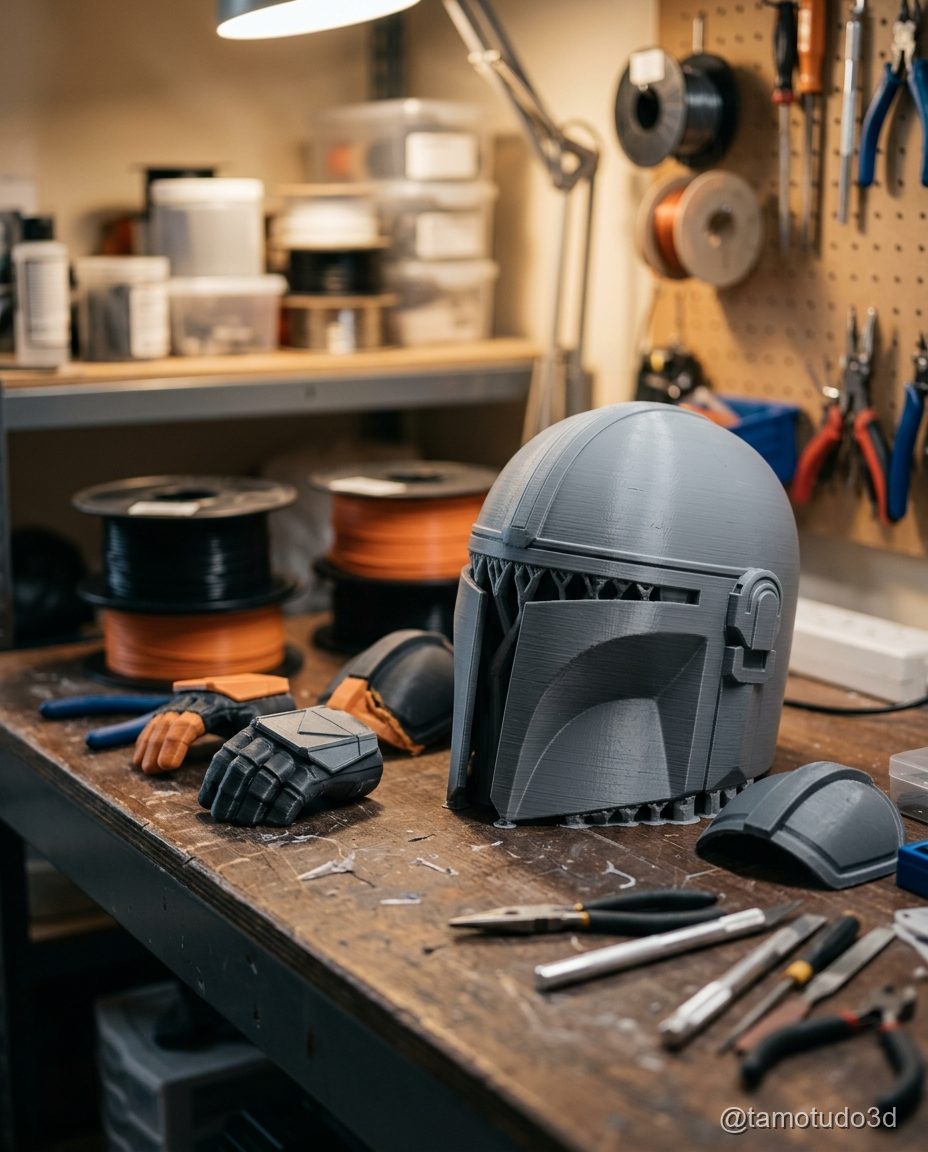 Capacete e armadura de cosplay ocupando espaço de mochila grande