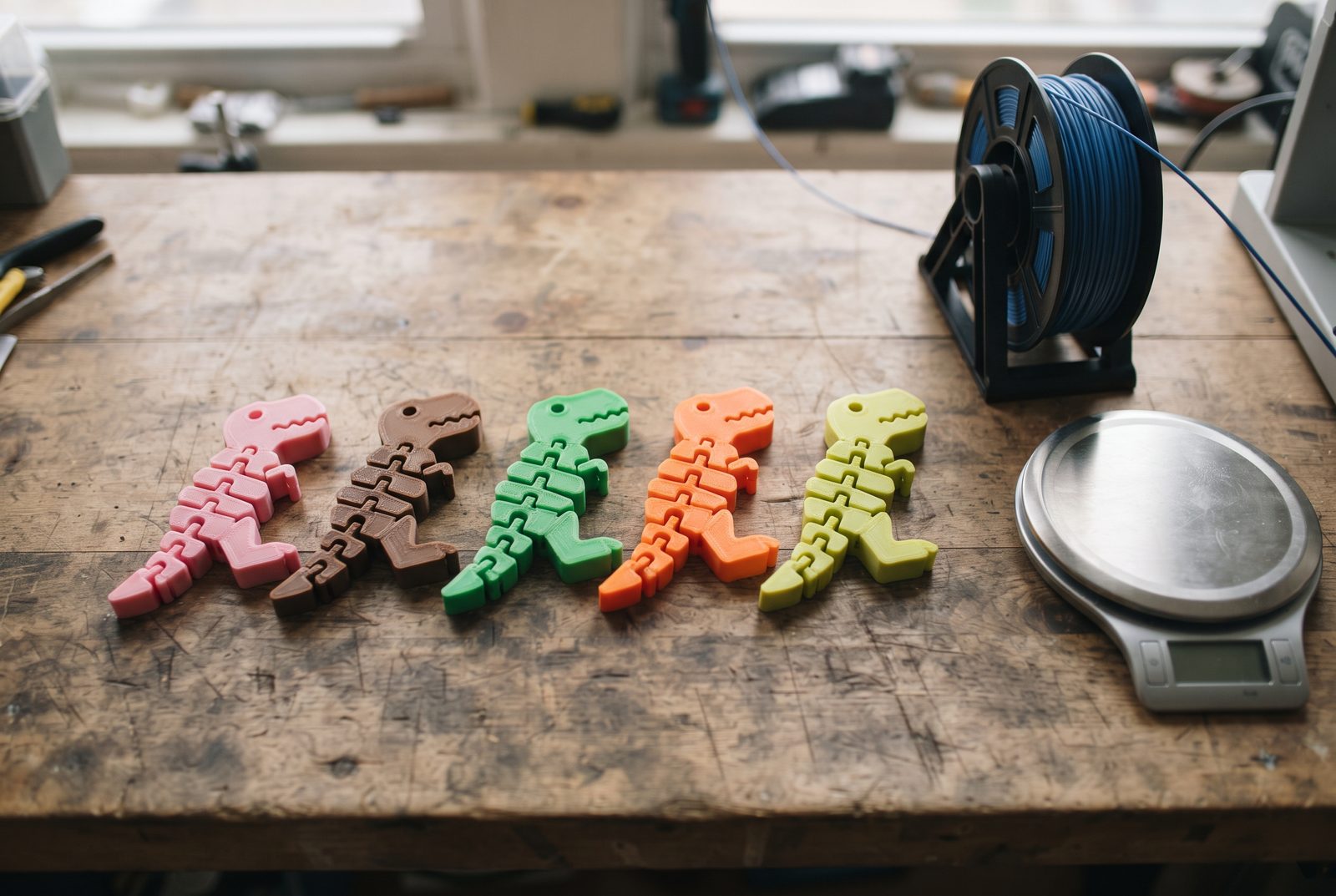 Cinco dinossauros articulados coloridos ao lado de um rolo de filamento PLA e uma balança de cozinha