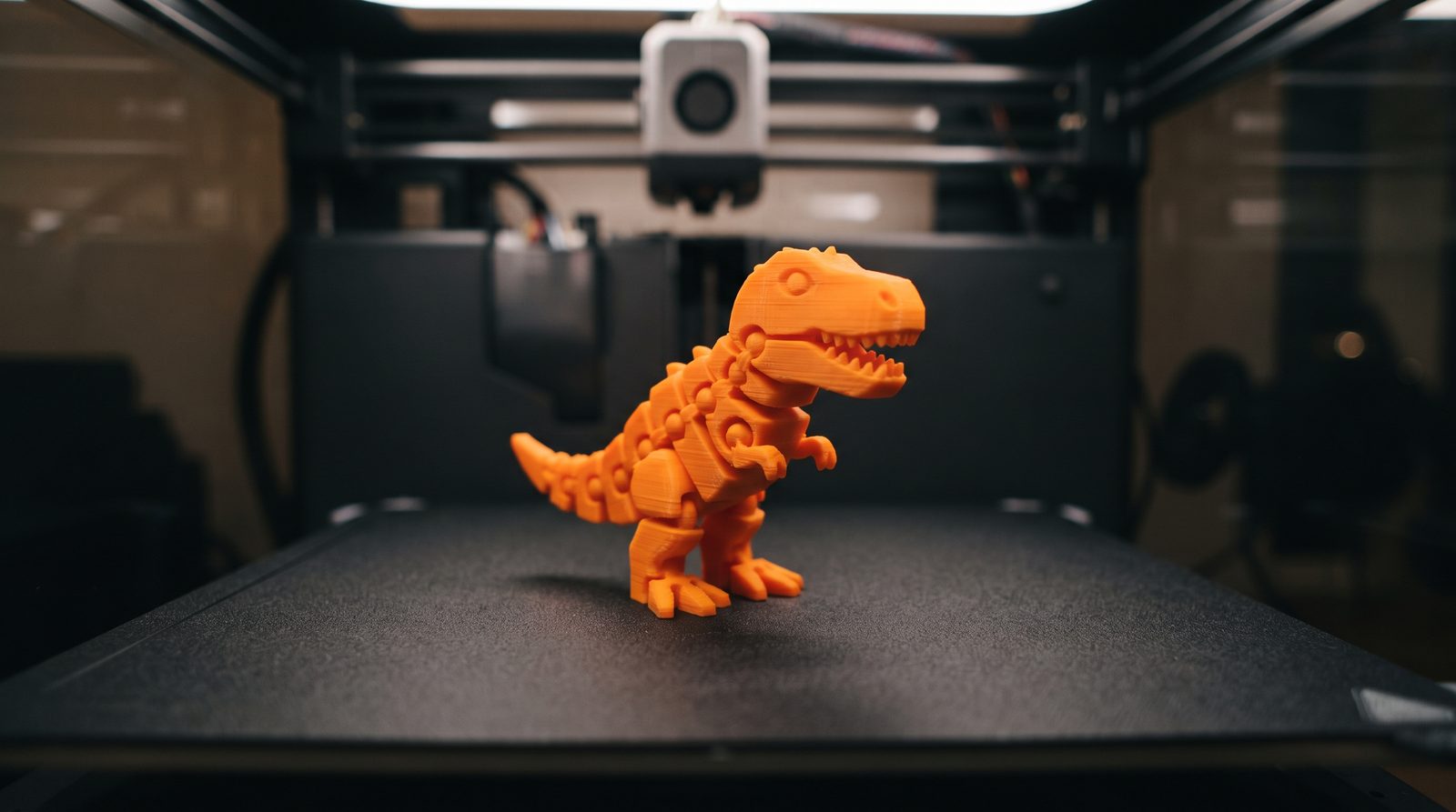 Dinossauro articulado laranja impresso em 3D sobre a mesa de uma impressora fechada