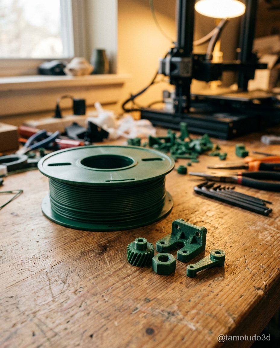 Rolo de PLA Voolt3D e peças de reposição pequenas ao lado