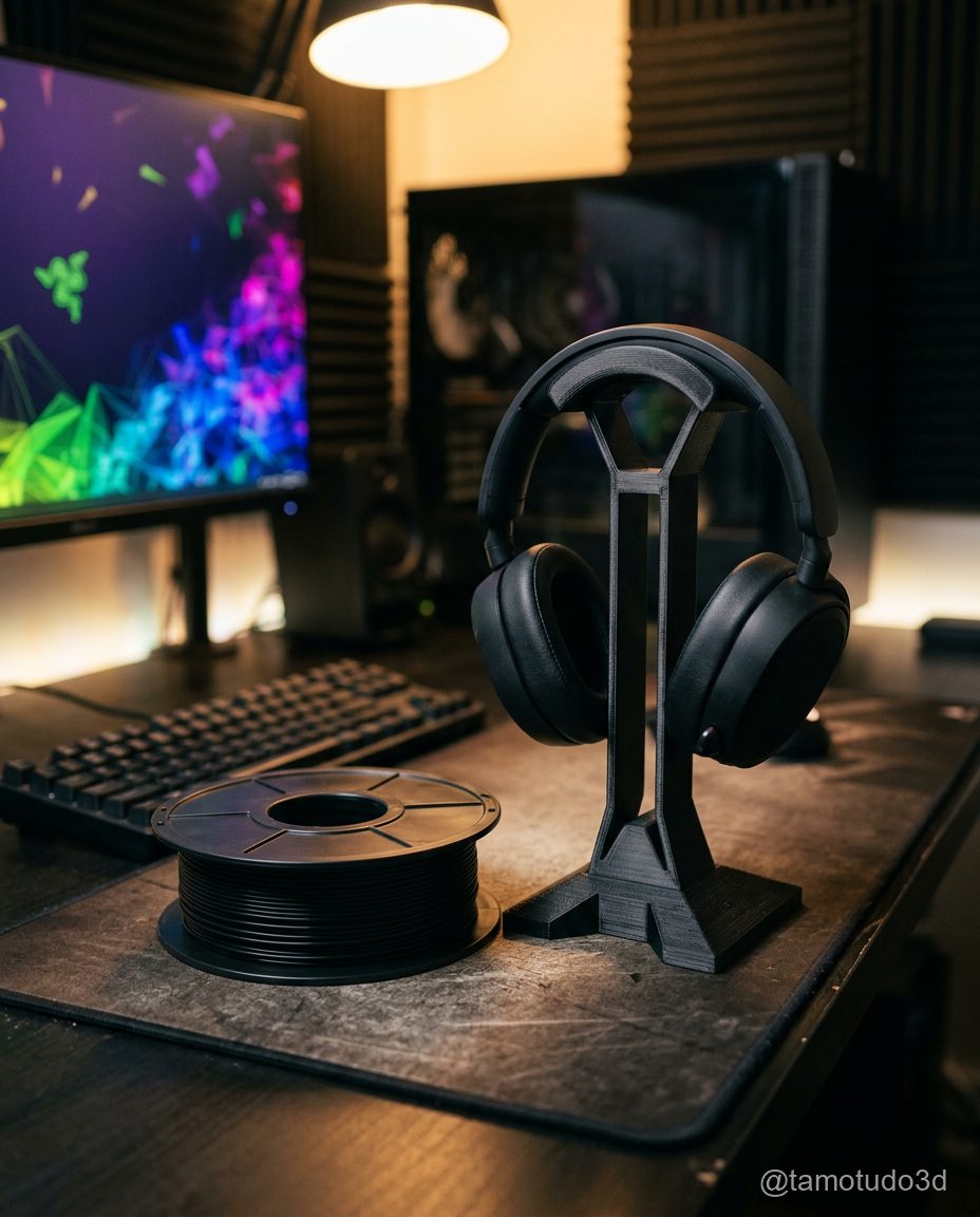 Rolo PLA preto Voolt3D ao lado de suporte de headset impresso