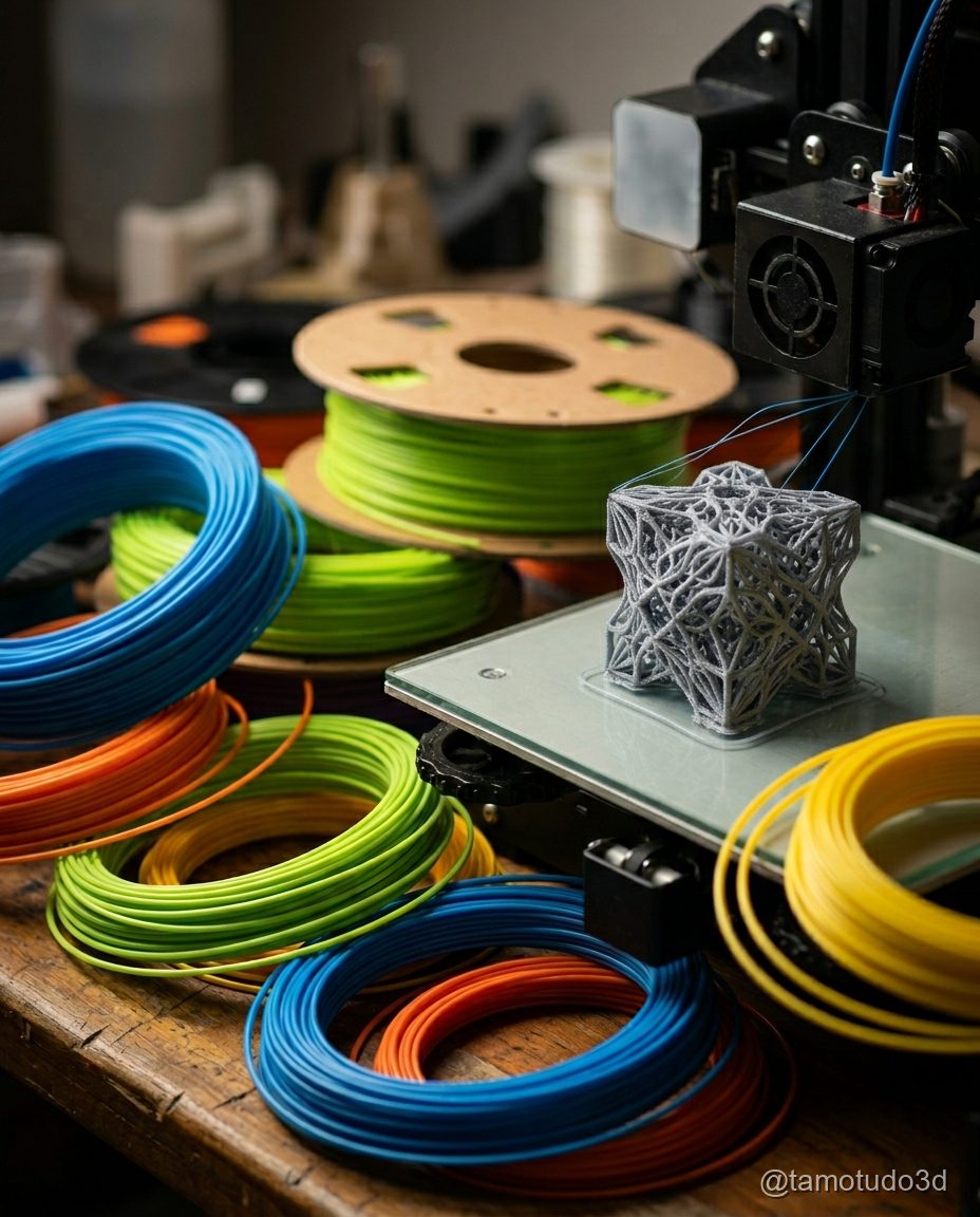 Filamento PLA de cores variadas pronto para impressão