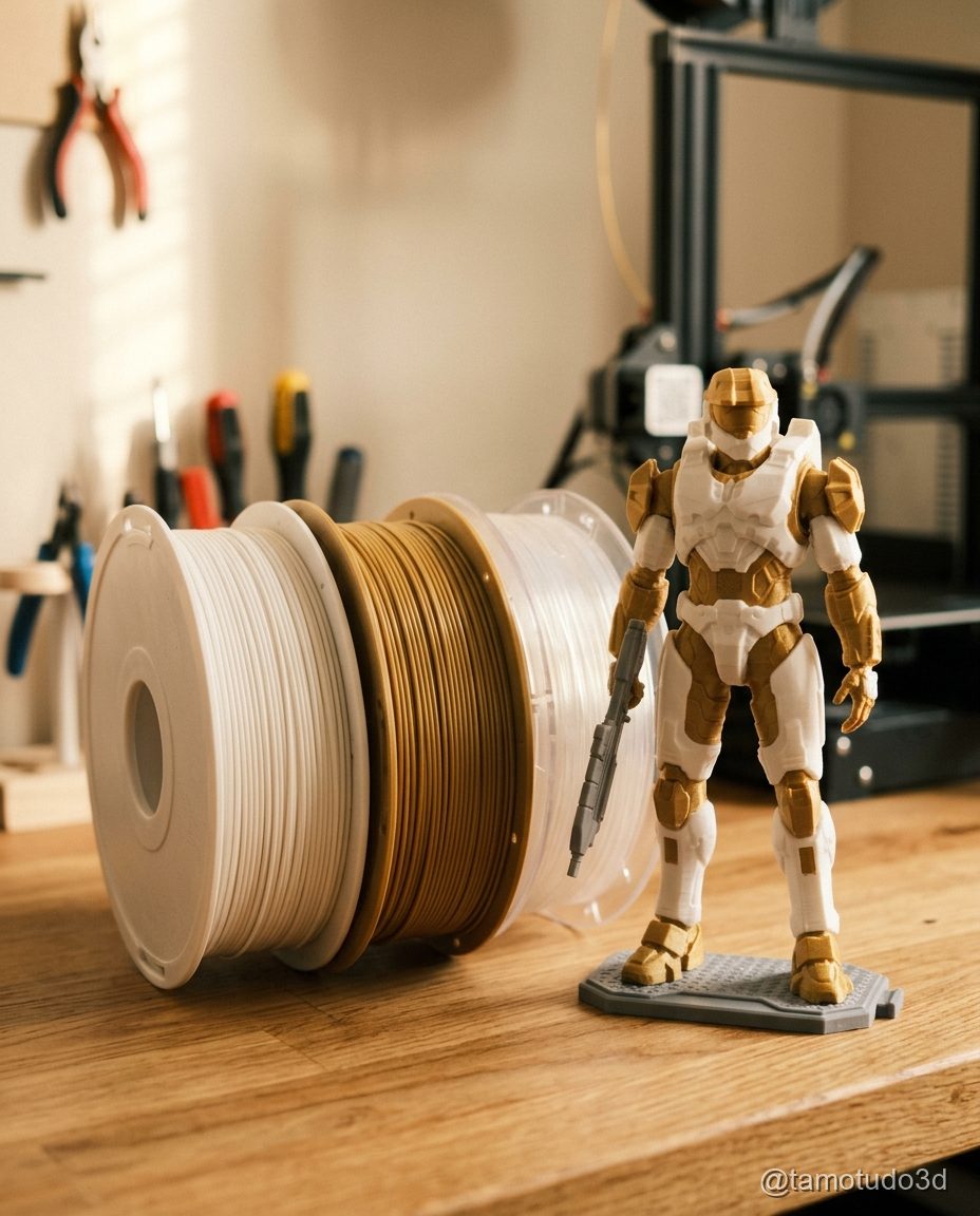 PLA Voolt3D em rolo branco e dourado ao lado de action figure pronta