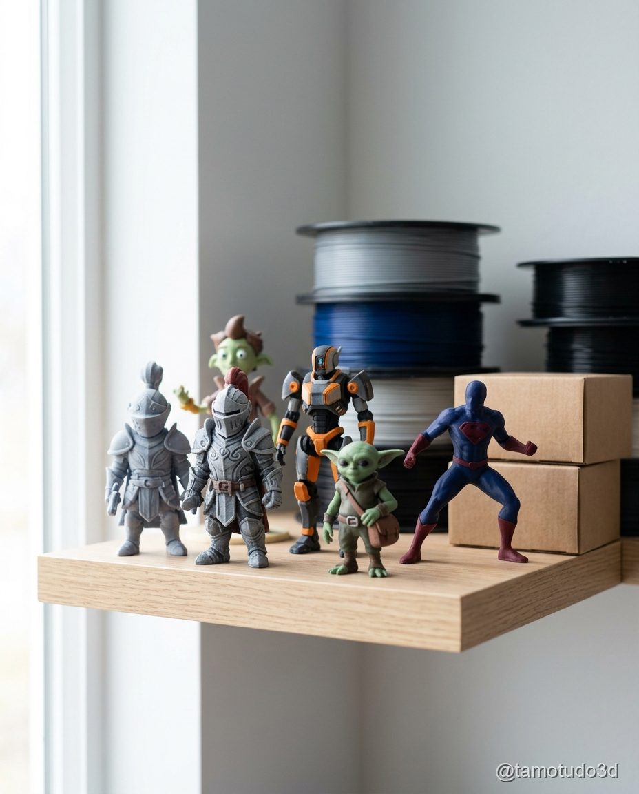 Action figure 3D pronta ao lado de etiqueta de preco R$80-150