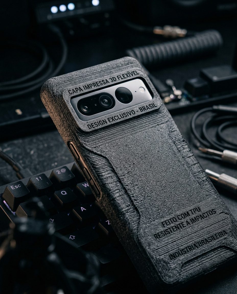 Ilustração gerada por IA de uma capa de celular preta com textura de camadas de impressão 3D