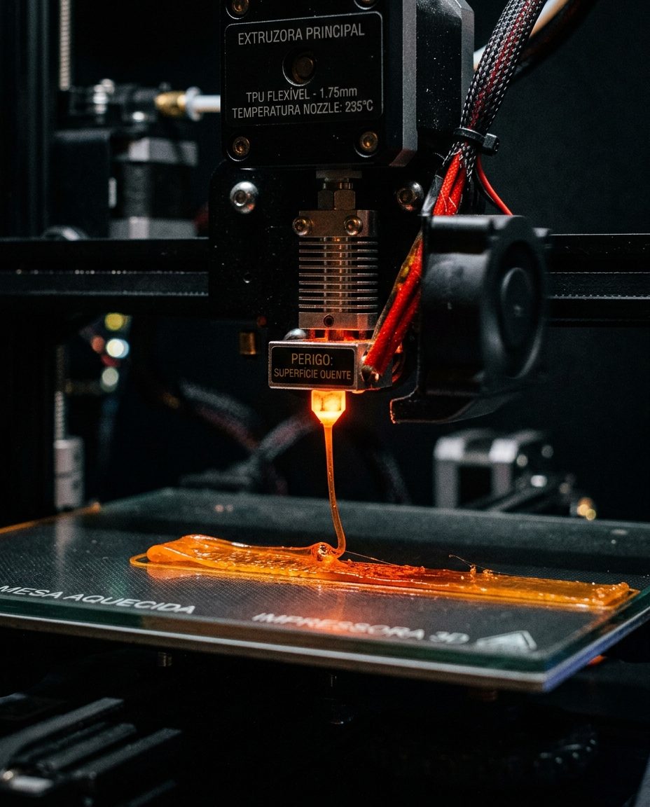 Ilustração gerada por IA de um bico de impressora 3D depositando filamento flexível laranja sobre a mesa aquecida