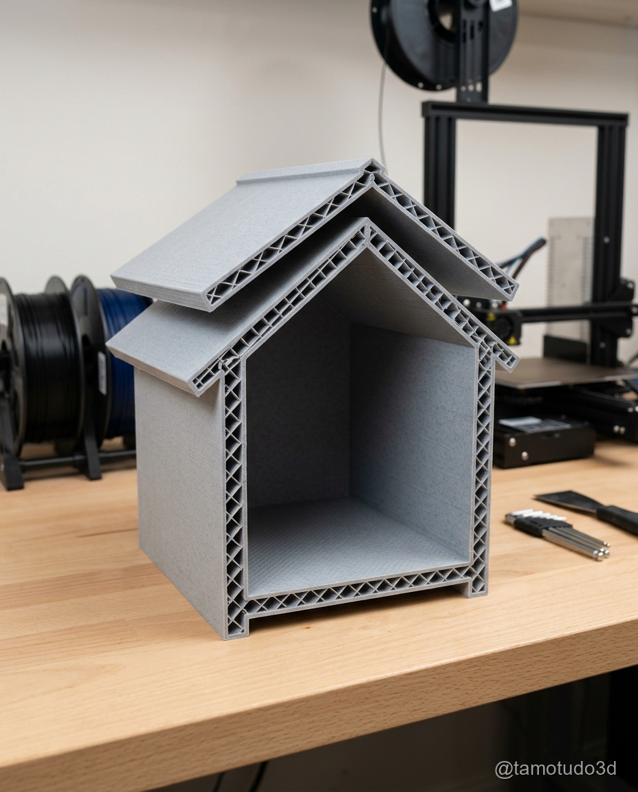 Casinha 3D em corte mostrando paredes e telhado destacavel