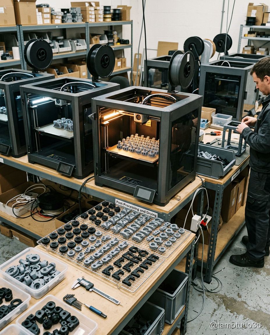 Casinhas 3D em producao na bancada com Kobra imprimindo segunda unidade