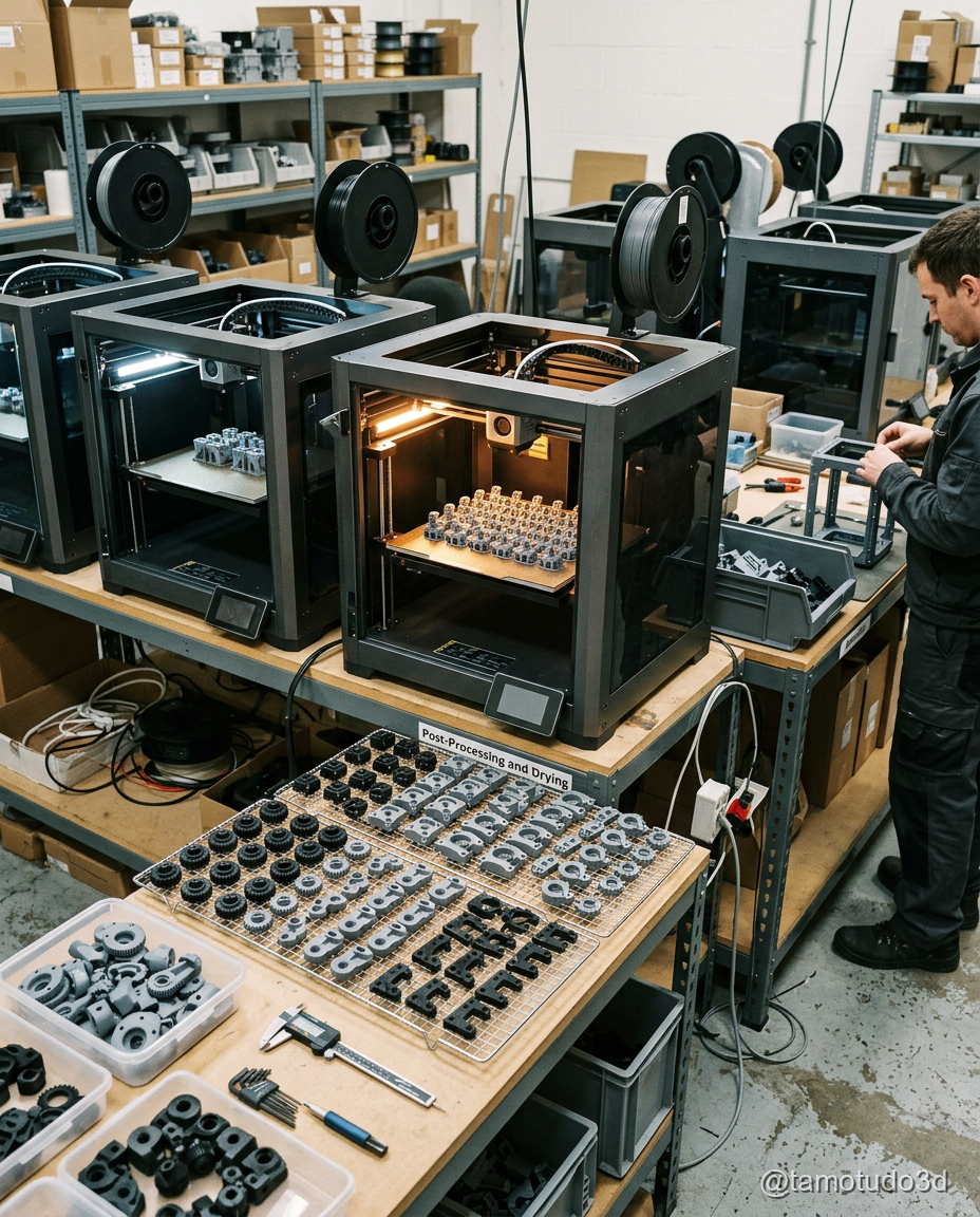 Casinhas 3D em producao na bancada com Kobra imprimindo segunda unidade