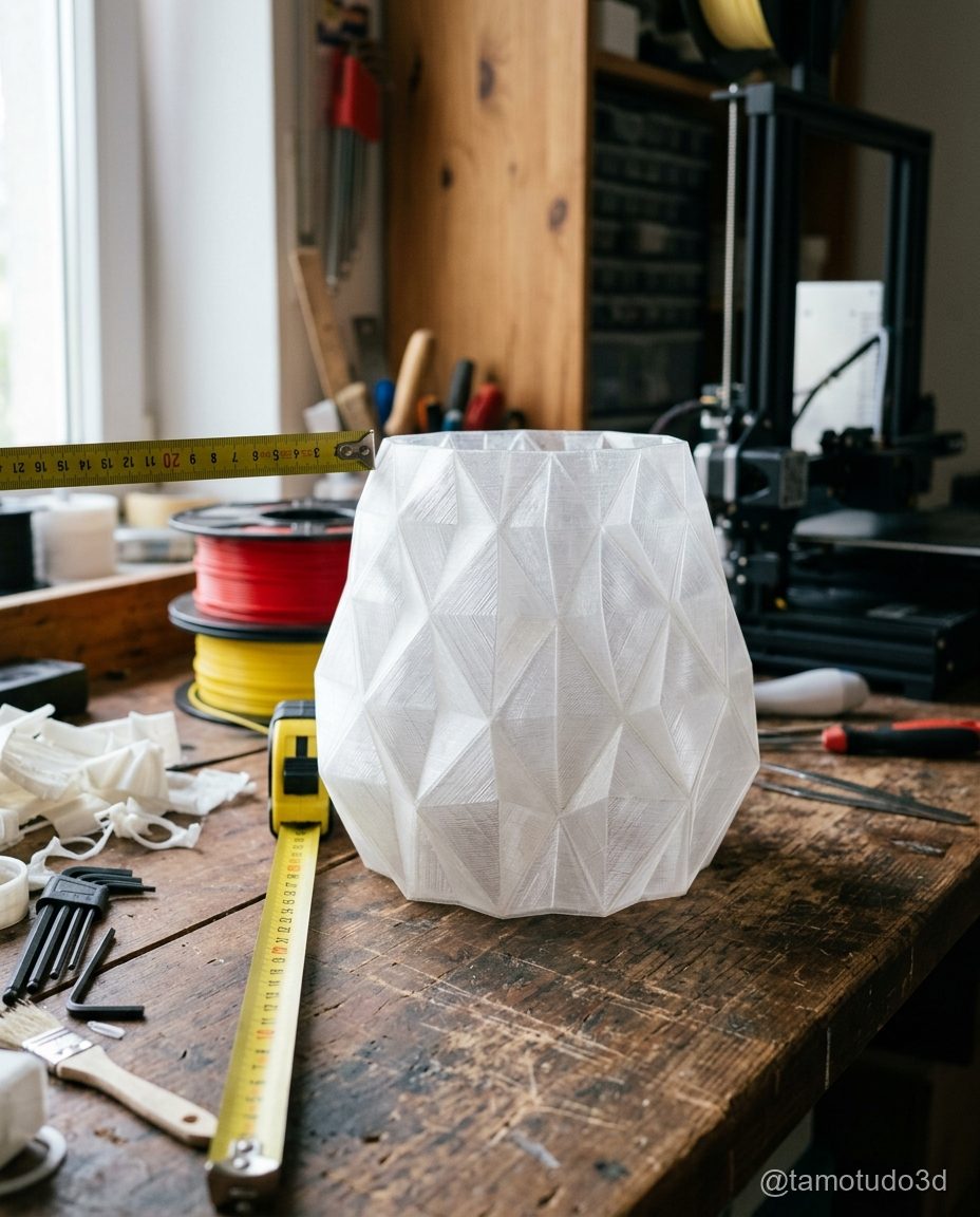Abajur 3D em PLA branco translucido ao lado de fita metrica mostrando 20cm
