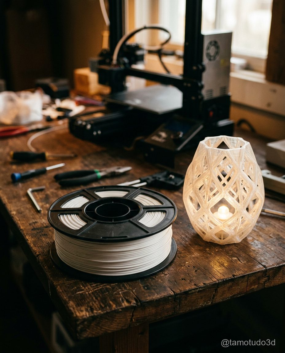 Rolo de PLA Voolt3D branco V-Silk HS sobre bancada com luminaria impressa ao lado