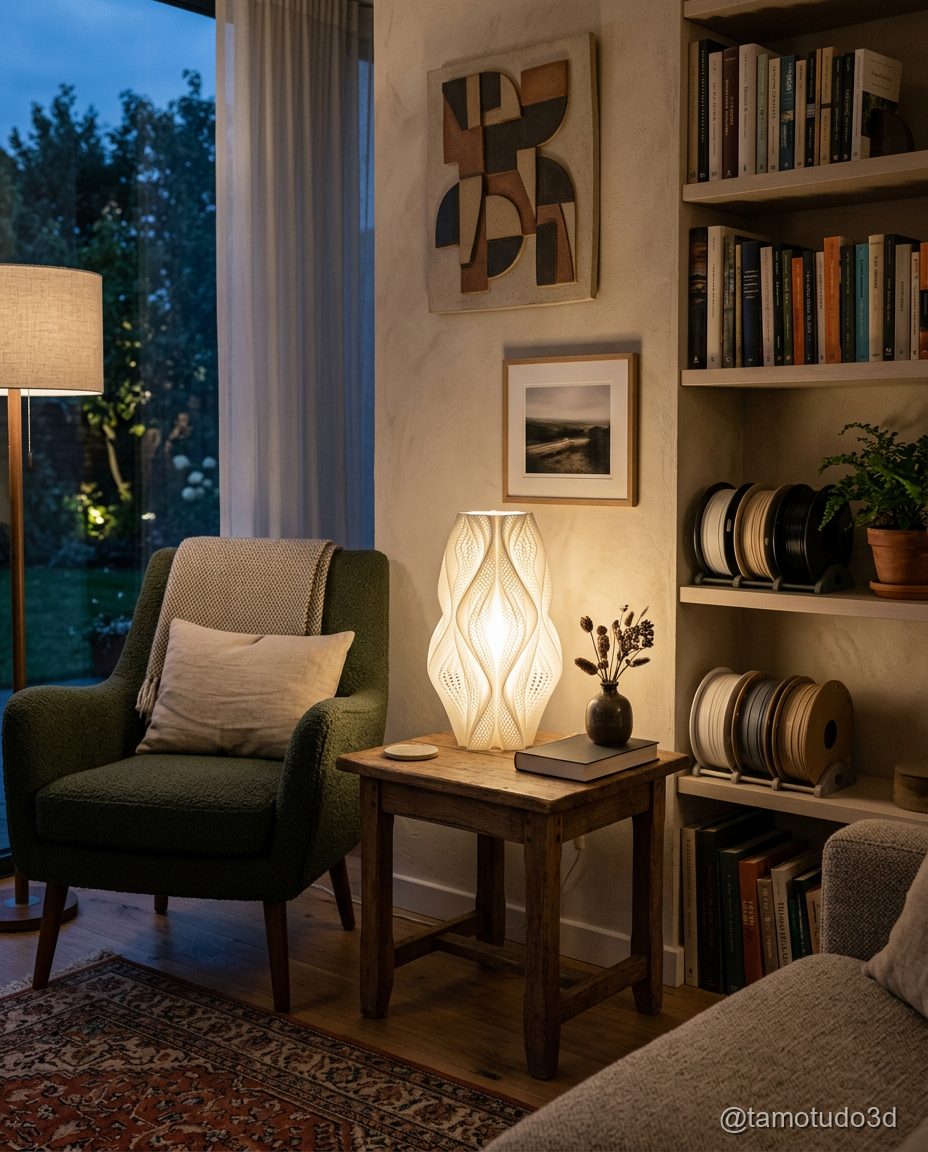 Luminaria 3D acesa em ambiente decorado com etiqueta R$150-300