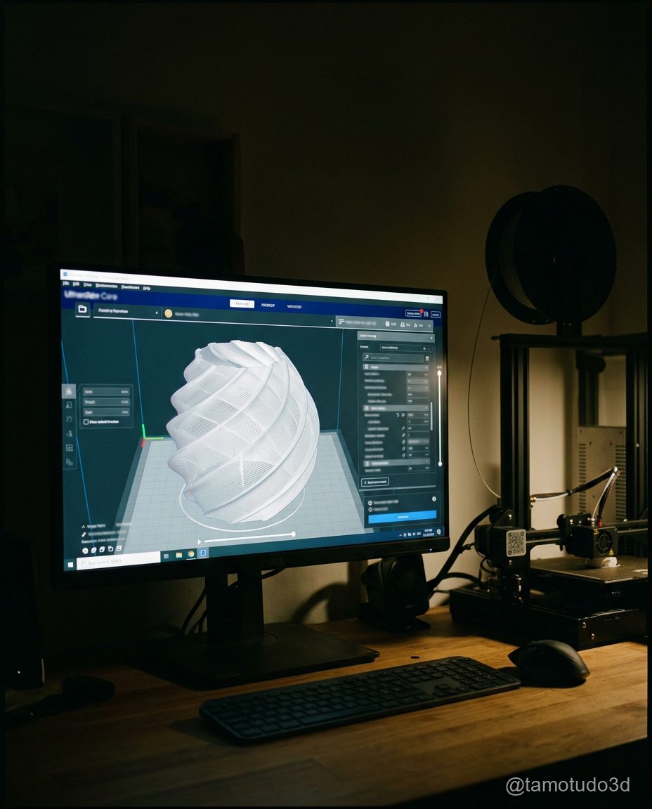 Modo vase no OrcaSlicer mostrando luminaria com parede unica continua