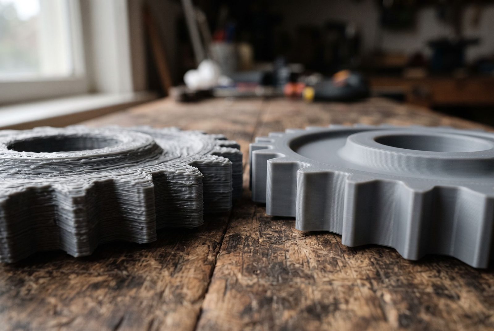 Duas engrenagens impressas em 3D lado a lado, uma com camadas grossas e ásperas e outra com camadas finas e lisas