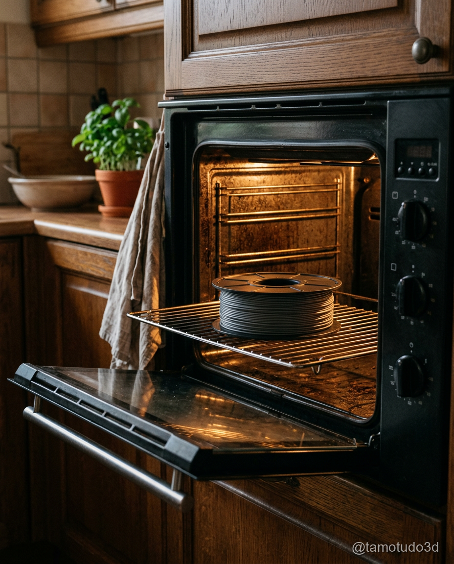 Rolo de filamento dentro do forno doméstico com porta entreaberta