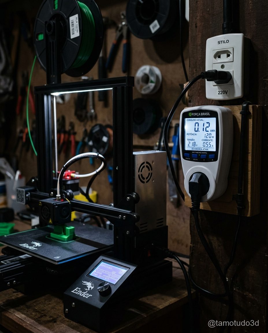 Impressora 3D FDM funcionando em mesa com baixo consumo de energia