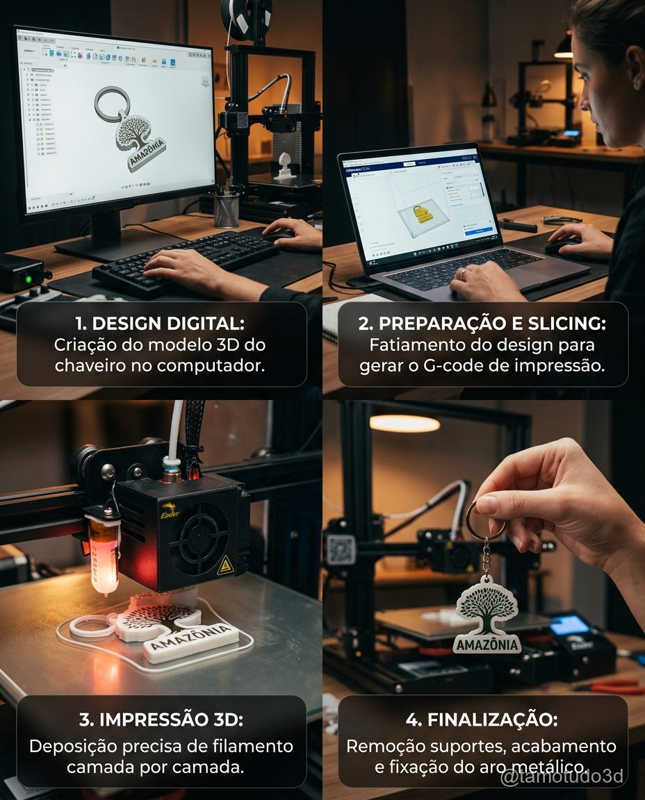 Colecao de chaveiros e pequenos suportes impressos com baixo custo